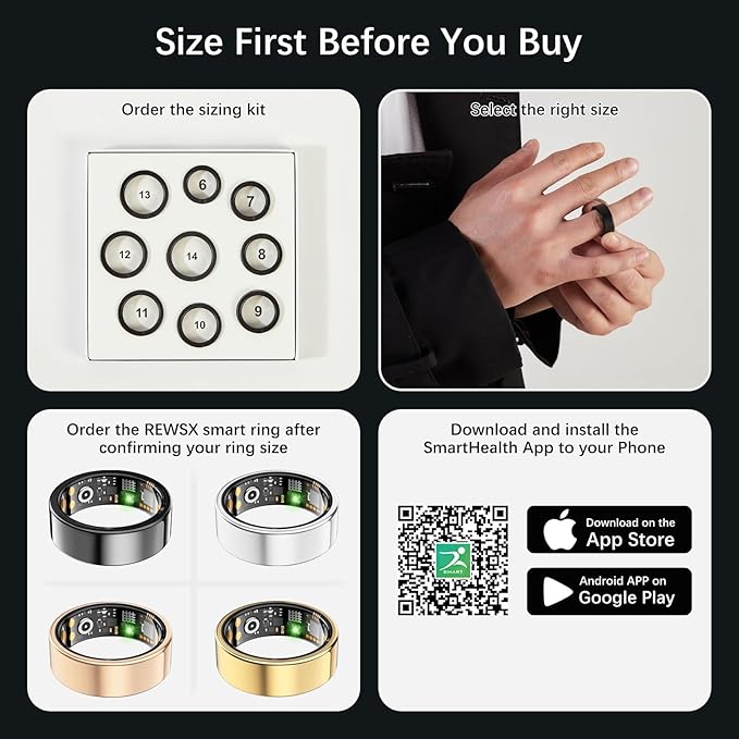 Smart Health Ring for Women Men, Fitness Tracker Ring with Heart Rate, Blood Oxygen, Sleep Tracker, Step Tracker, No Subscription Fee, IP68 Waterproof Smart Ring for iPhone & Android (Black, 11#)
