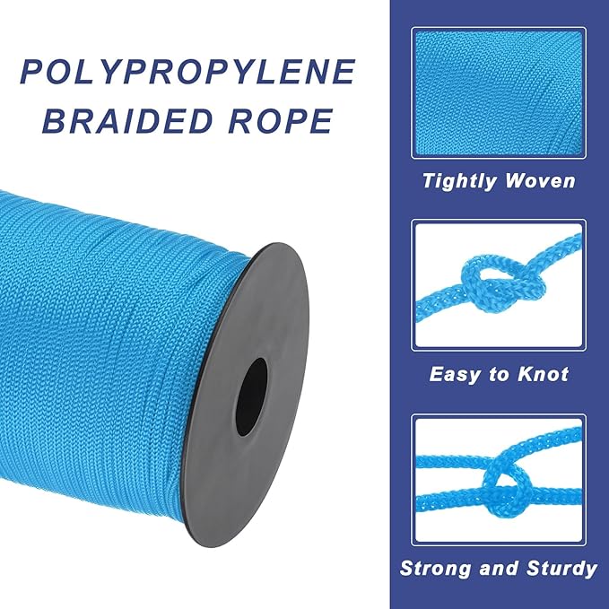 MECCANIXITY 1/8 Inch Polypropylene Rope Braided Ropes, 328ft Nylon Rope Hollow Utility Cord for Clothesline, Camping, Hiking, Outdoor, Lake Blue