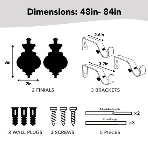 Deconovo Heavy-Duty Black Curtain Rod, Adjustable 48-84 Inch Long Rods for Windows, Decorative Telescoping Window Rod, 3/4 Inch Metal Tube for Curtains, Easy Install, Wall‑Mount Hardware Included