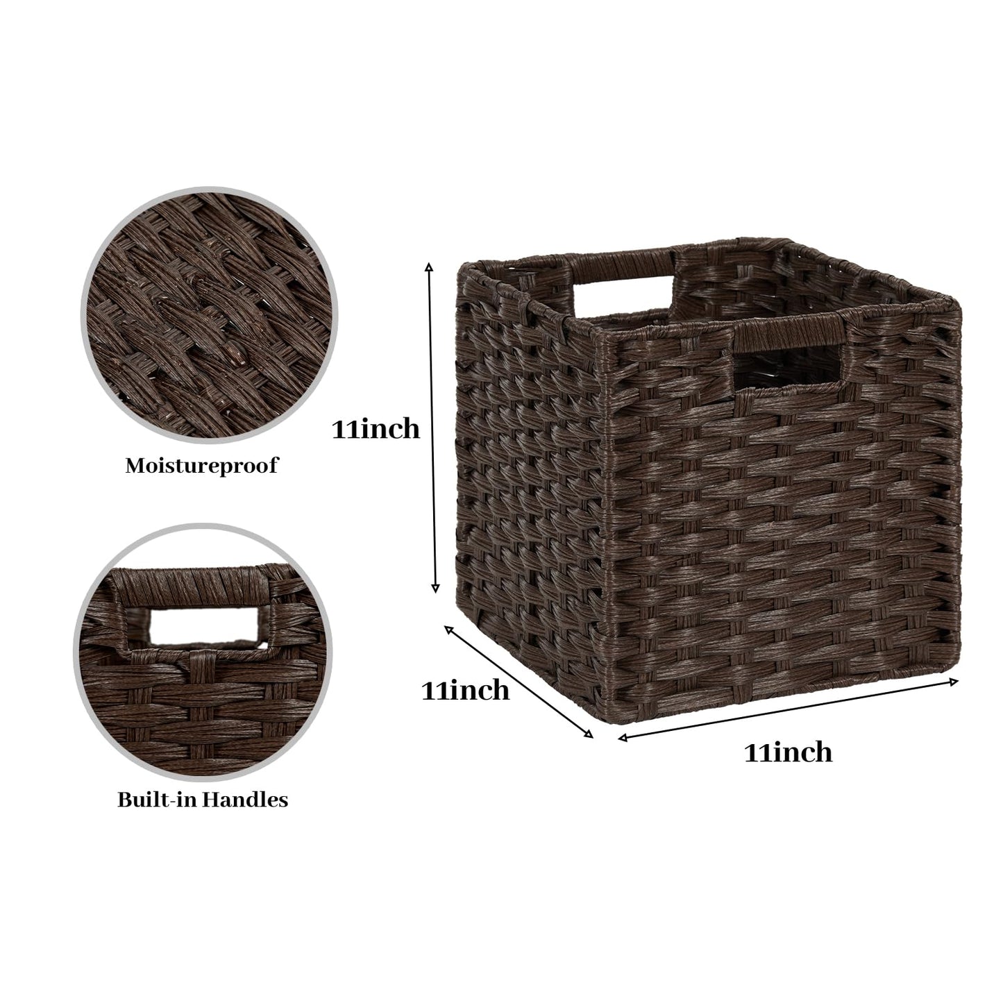 DULLEMELO Wicker Storage Baskets 11x11 Cube Storage Bins for Organizing Plastic Woven Baskets Set of 4 Waterproof Wowen Storage Cube Organizer for Pantry Closet Set of 4 - Deep Coffee