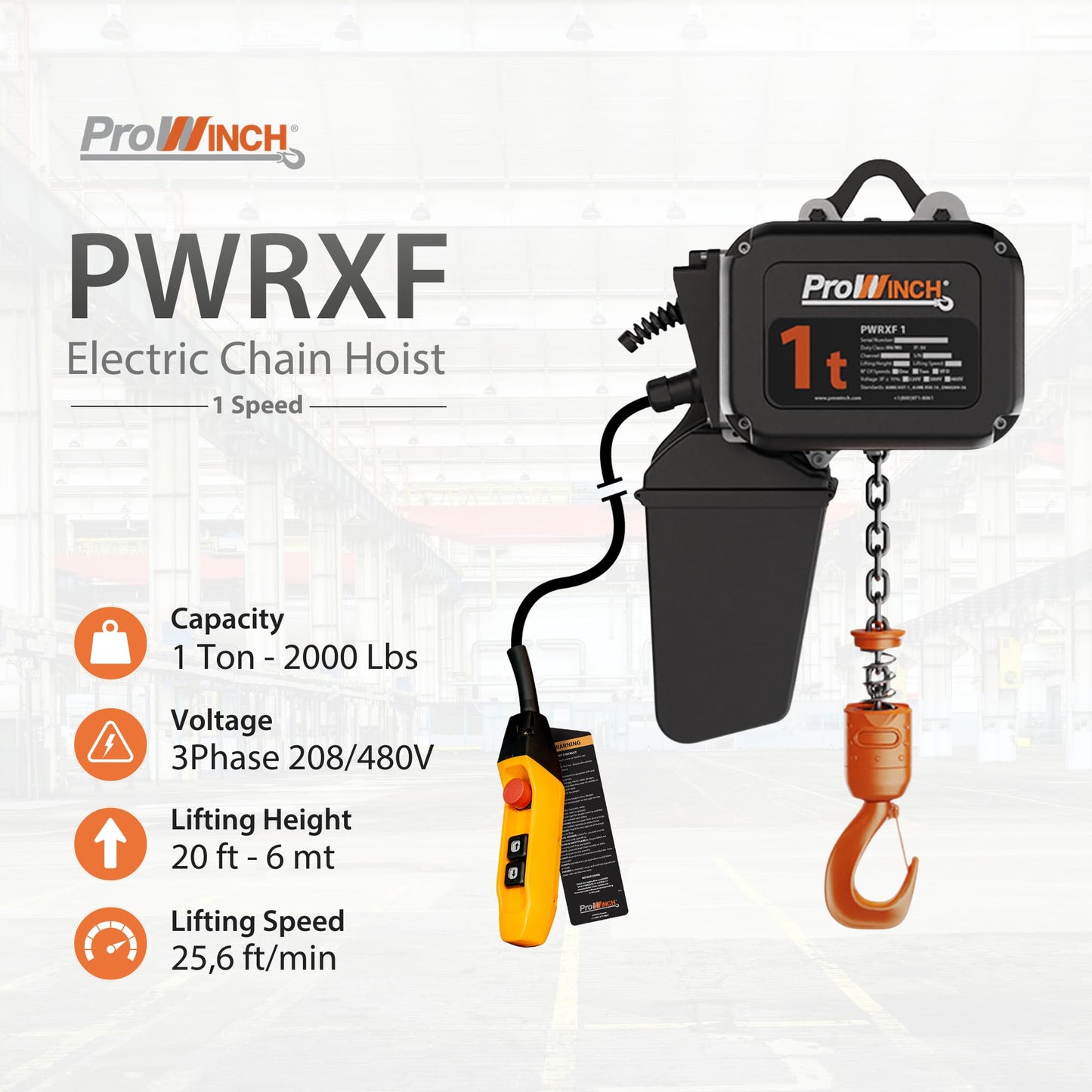 Prowinch 1 Ton Electric Chain Hoist – Single Speed, Heavy Duty H4, Dual Voltage 208/480V 3-Phase, 13 ft Lifting Height, G100 Nickel Chain, IP55 – ASME B30.16 Industrial Hoist