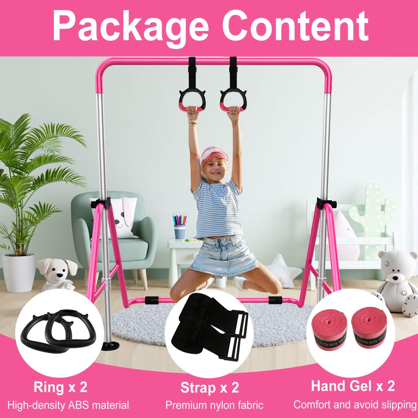 Tepemccu Gymnastics Rings for Kids, Pull Up Rings with Adjustable Straps for Children Home Gym Strength Training (Pink)
