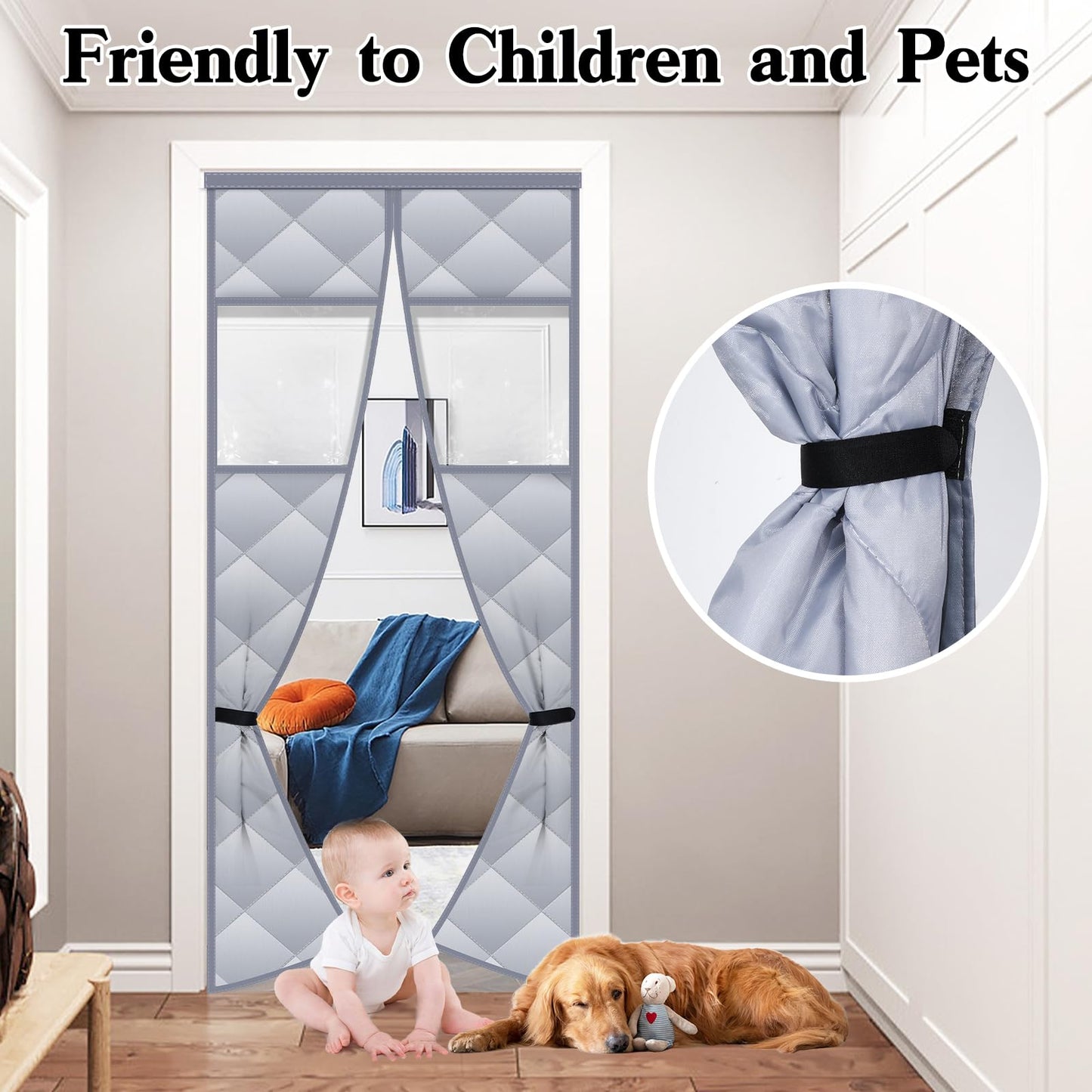 Magnetic Thermal Insulated Door Curtain with Detachable Visible Windows, Thicken Polyester Fiberfill & Durable Oxford Fabric, Hands Free Windproof Door Screen, Fits Door Size up to 36" x 82", Grey