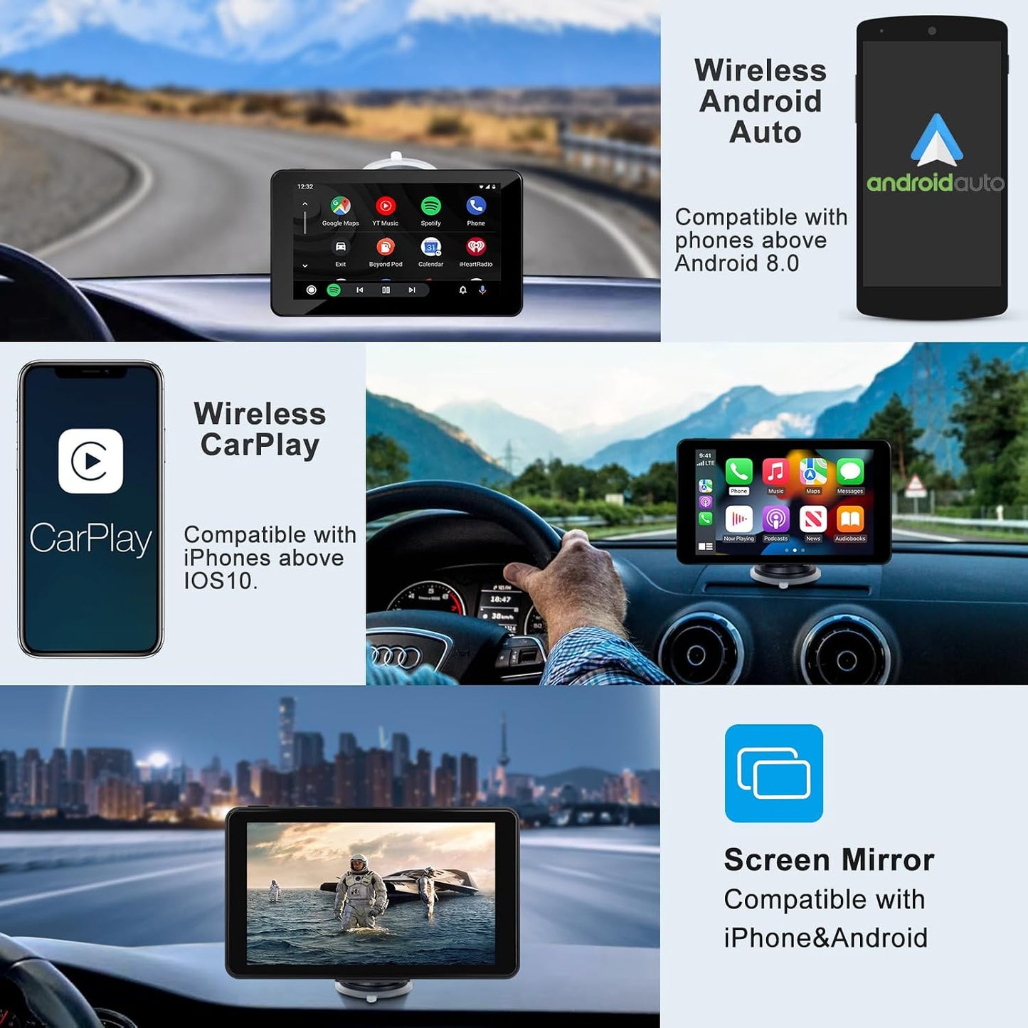 Aonerex 7" Wireless CarPlay Screen Android Auto for Car, Touch Screen Naivgation Portable Car Stereo CarPlay Bluetooth
