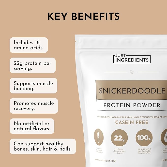 JUST INGREDIENTS Snickerdoodle Protein Powder ??30-Serving Blend with 100% Grass-Fed Whey & Organic Plant Proteins ??Cinnamon & Vanilla Flavor ??Supports Muscle Recovery, Energy*