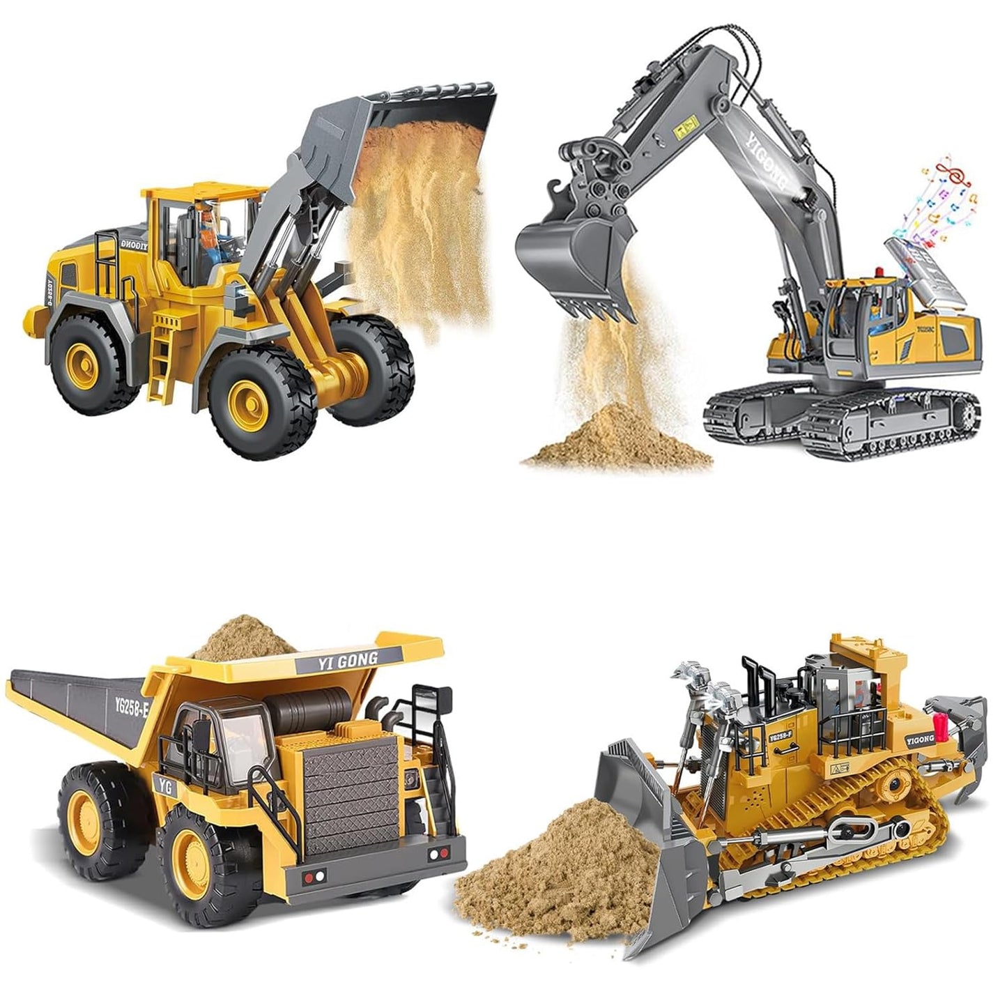 ADTHLIER Remote Control Excavator (11-Channel), Dump Truck, Bulldozer, Loader (9-Channel), 2.4GHz Remote Control Construction Vehicles, Metal Construction, with Cool Lights and Sound Effects, 4-Pcs