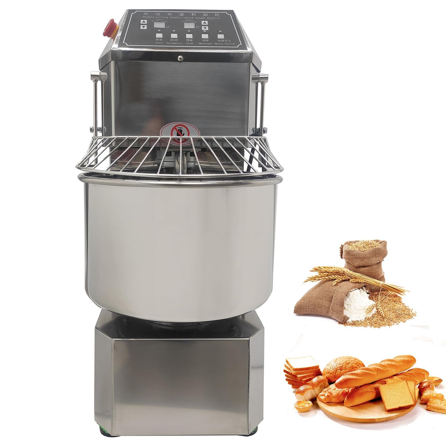 LGXEnzhuo 30L Commercial Dough Mixer with Dual Rotation and Dual Speed, 110V 1500W Electric Dough Kneading Machine - Time Set, Stainless Steel, Emergency Stop, for Pizze and Bread