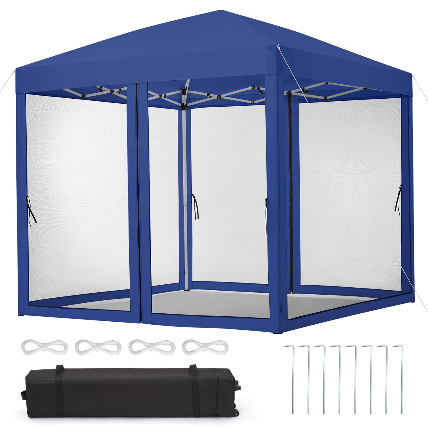 GarveeLife 8 ft x8 ft Instant Pop-Up Canopy Tent with Removable Mosquito Netting & 2 Zipper Doors, Portable Outdoor Shelter for Camping, Backyard, Picnic - Includes Wheeled Carry Bag (Blue)