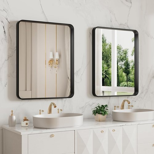 LOAAO Black Metal Framed Bathroom Mirror - 20x16 Inch Rounded Rectangle, Anti-Rust, Versatile Hanging Options
