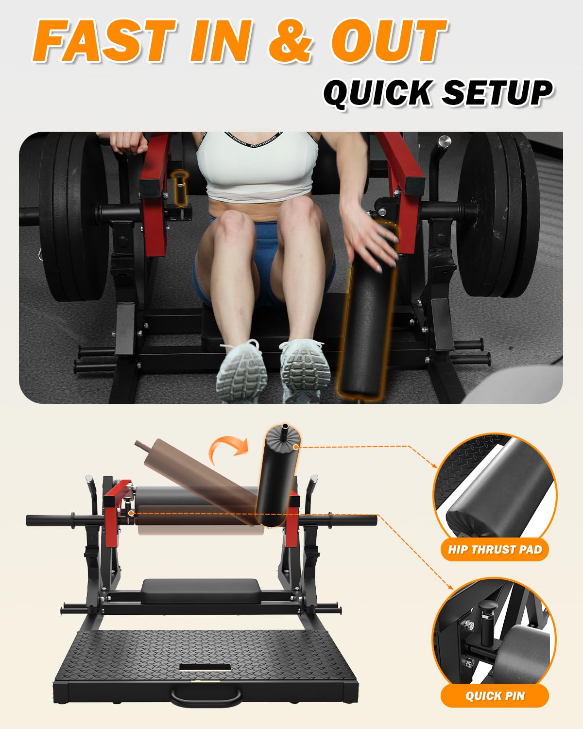 Goimu HT01 Hip Thrust Machine, 800LBS Plate-Loaded Glute Drive with Band Peg, Heavy Duty Glute Bridge Machine with Weight Holder, Butt Exercise Equipment for Glute Muscles Building (Red-HT01-1)
