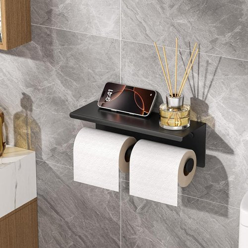 FORIOUS Double Toilet Paper Holder - Wall-Mounted Tissue Roll Dispenser with Shelf | 304 Stainless Steel, Matte Black