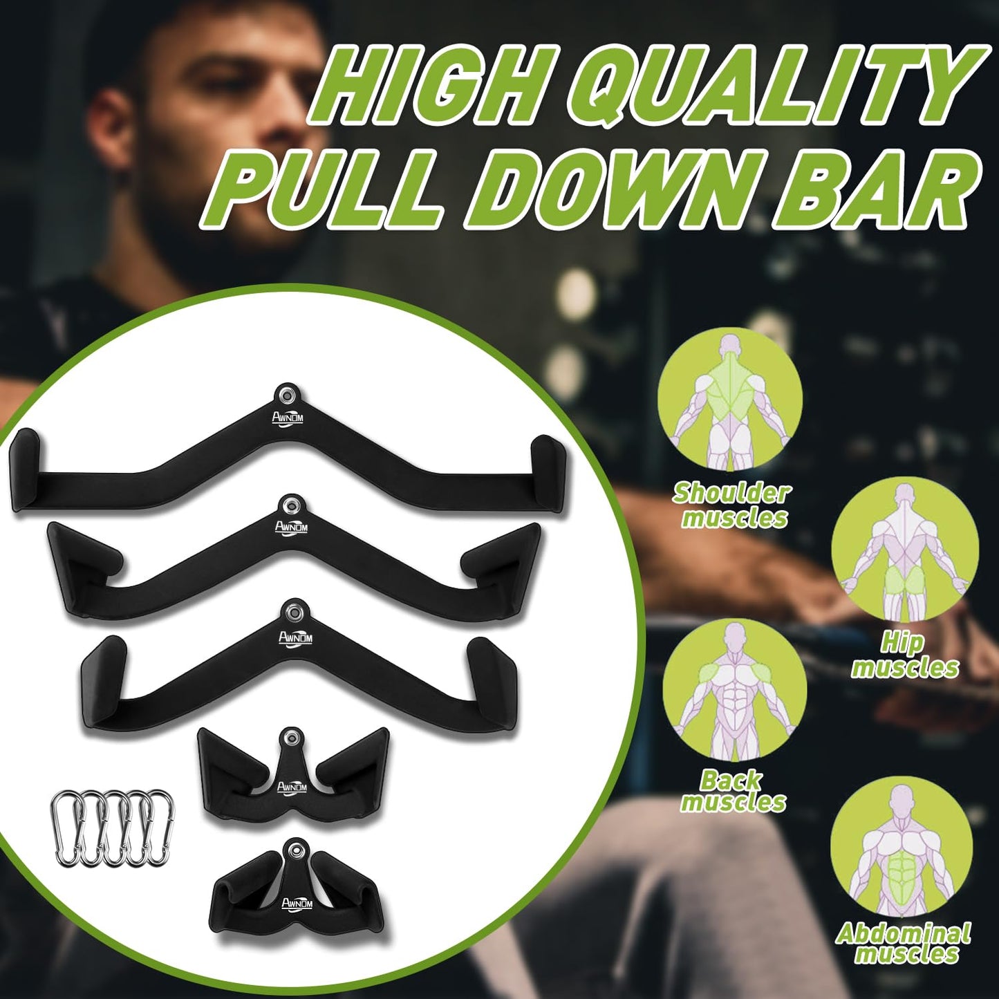 AWNOM LAT Pulldown Attachments for Cable Machines, Cable Machine Attachments for Home Gym T Bar V Bar LAT Pulldown Machines Attachments, Back Tricep Bar Strength Training Handle Grip
