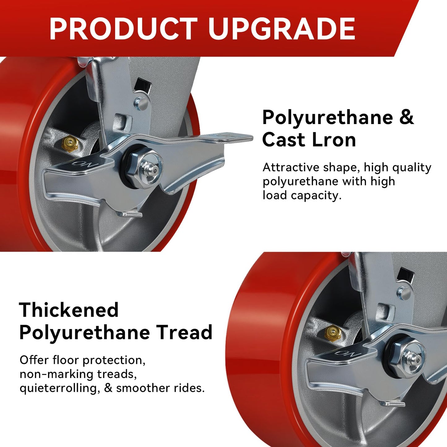 FOVERSWIVE 5"x2" Industrial Casters- Heavy Duty casters,Polyurethane Casters Wheel,Capacity up to 4000 Lb. Use for Platform Truck, U-Boat Cart,Workbenches(4 Brake)