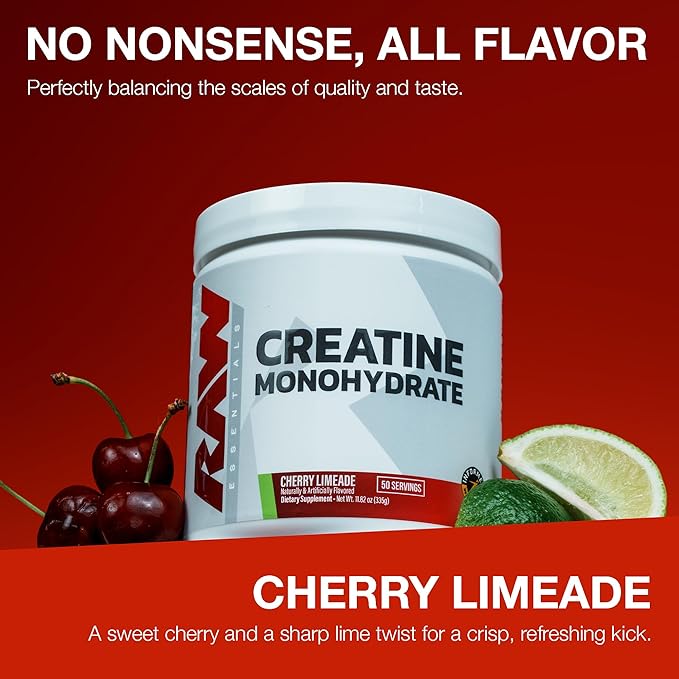 RAW Nutrition Creatine Monohydrate Powder, Cherry Limeade (30 Servings) - Micronized Creatine Monohydrate Supplement for Workout Performance, Build Muscle & Strength - Creatine Powder for Men & Women