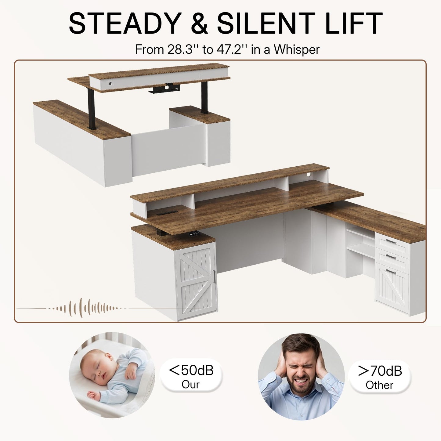 ZIMASYA 71" L Shaped Executive Desk with Table Board & File Cabinet Drawers Outlet USB,Height Adjustable Desk Privacy Panel Sit-Stand Workstation for Boss Managers Office Home,Walnut & White