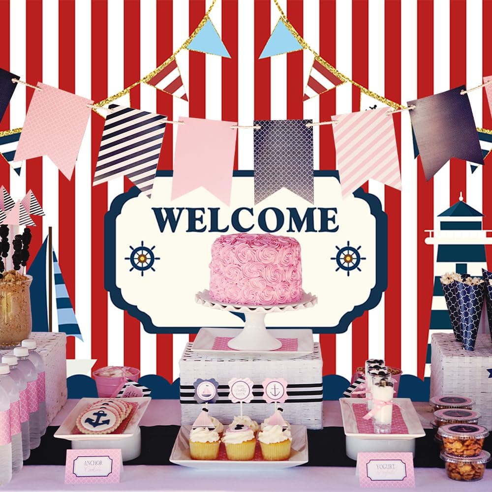 Fanghui 8*6ft Nautical Theme Party Photography Backdrop Red White Striped Marine Voyage Boat Background Decoration Kids