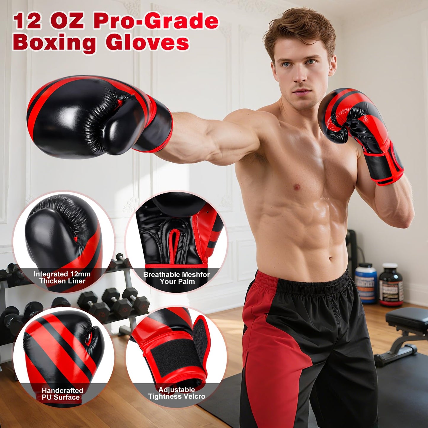 GIKPAL Freestanding Punching Bag for Adults 67'' Heavy Boxing Bag with Boxing Gloves, No Spring Low-Noise Standing Bag for Home Office Kickboxing (Red)