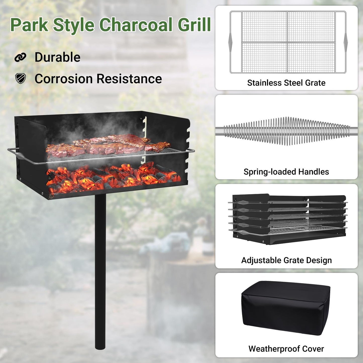 Toriexon Park Grills, 384 Sq. In, Park Style Charcoal Grill, Heavy Duty In Ground Park Grill with Stainless Steel Cooking Grate and Cover for Commercial and Outdoor Cooking 25.5'' L x 17'' W x 11'' H