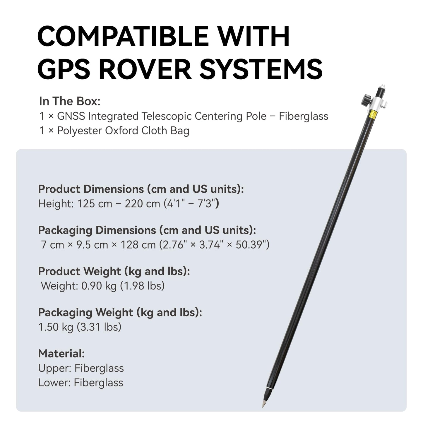 2.2 m / 7.22 ft Self-Locking Fiberglass GPS Survey Pole, GNSS Rover Rod Compatible with Trimble, 5/8″ Thread, 125–220 cm Adjustable, Twist-Lock, Lightweight Oxford Carry Bag for RTK Land Surveying