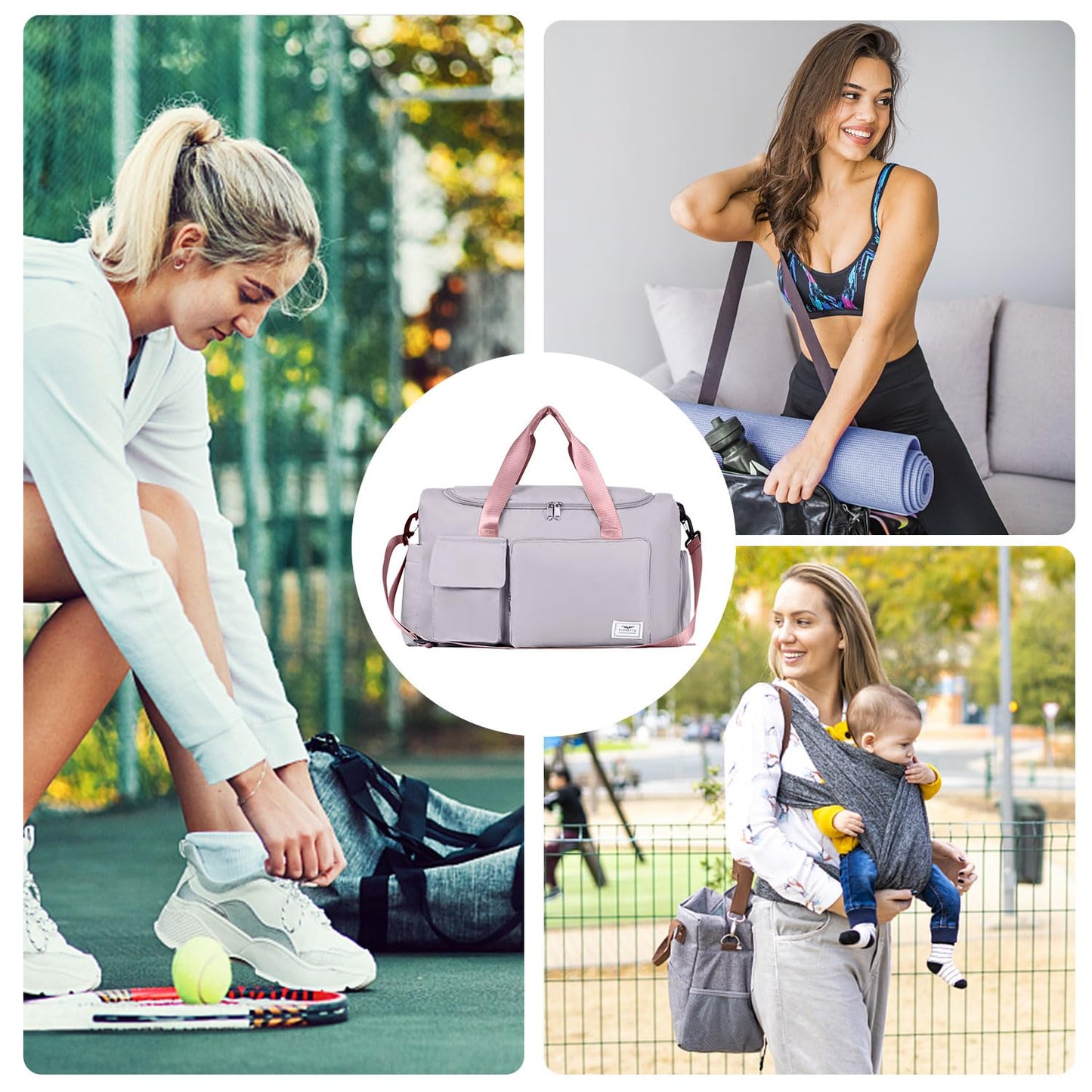 FIORETTO Women's Gym Duffle Bag with Shoes Compartment, 30L Capacity, Ideal for Travel, Gym, Sports, Duffel, Weekender, with Toiletry Bag, Grey & Pink