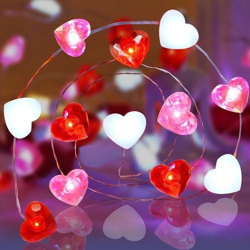 Mothers Day Decorations Lights 2 Pack Total 28FT 80LED Red Pink White Heart Fairy String Lights Battery Operated Timer 8 Modes Gifts for Mom Women Home Indoor Wedding Valentines Mother's Day Decor