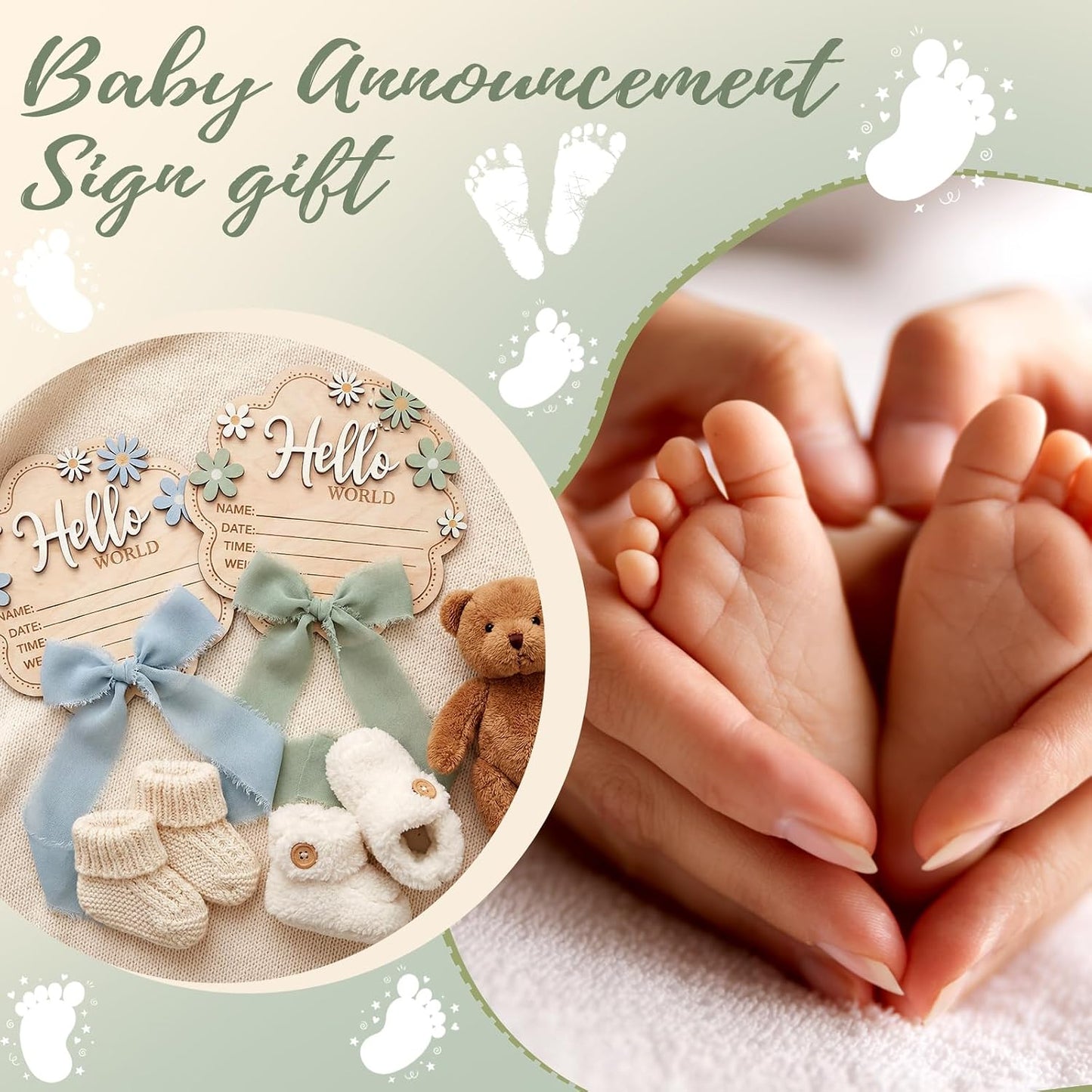 Amyhill Sage Green Bow Hello World Newborn Baby Sign Flower Baby Birth Announcement Sign with Pen Newborn Essentials
