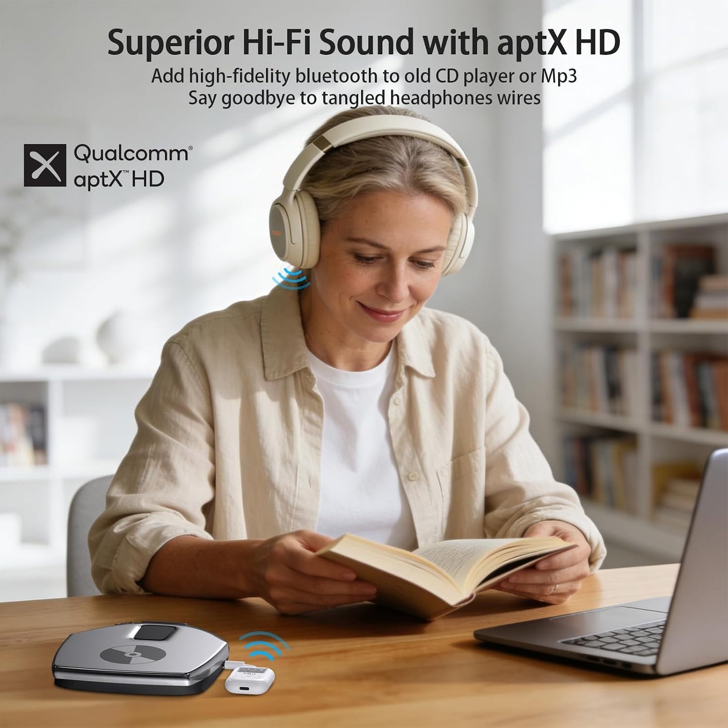 1Mii 5.3 2 25H 3.5mm MP3, Bluetooth Transmitter w/Screen for TV to Headphones, aptX AD/LL/HD Hi-Fi Audio, Playtime, AUX