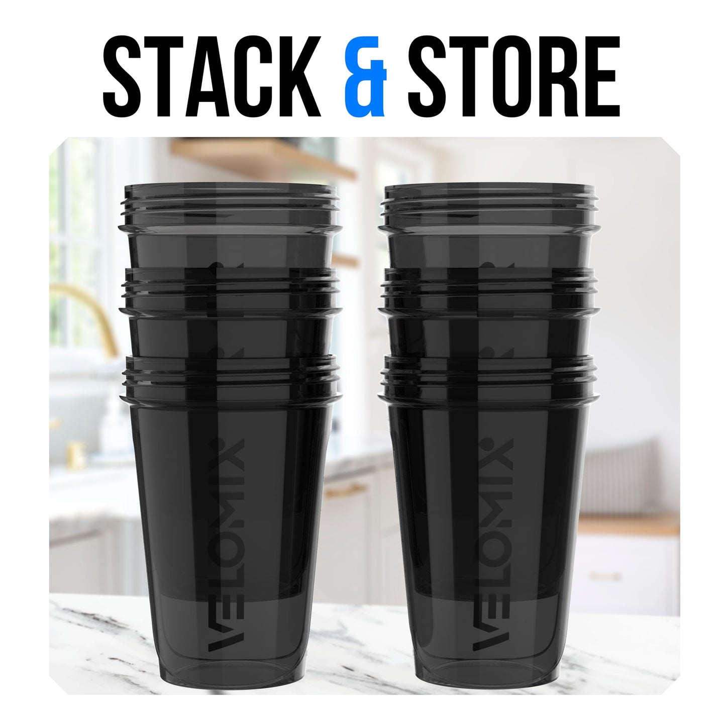 VELOMIX -6 PACK- 20 oz Protein Shaker Bottle for Protein Mixes - 6x Wire Whisk | Leak Proof Shaker Cups for Protein Shakes| Stackable Protein Shaker Bottle Pack | Dishwasher Safe (ALL IN BLACK)