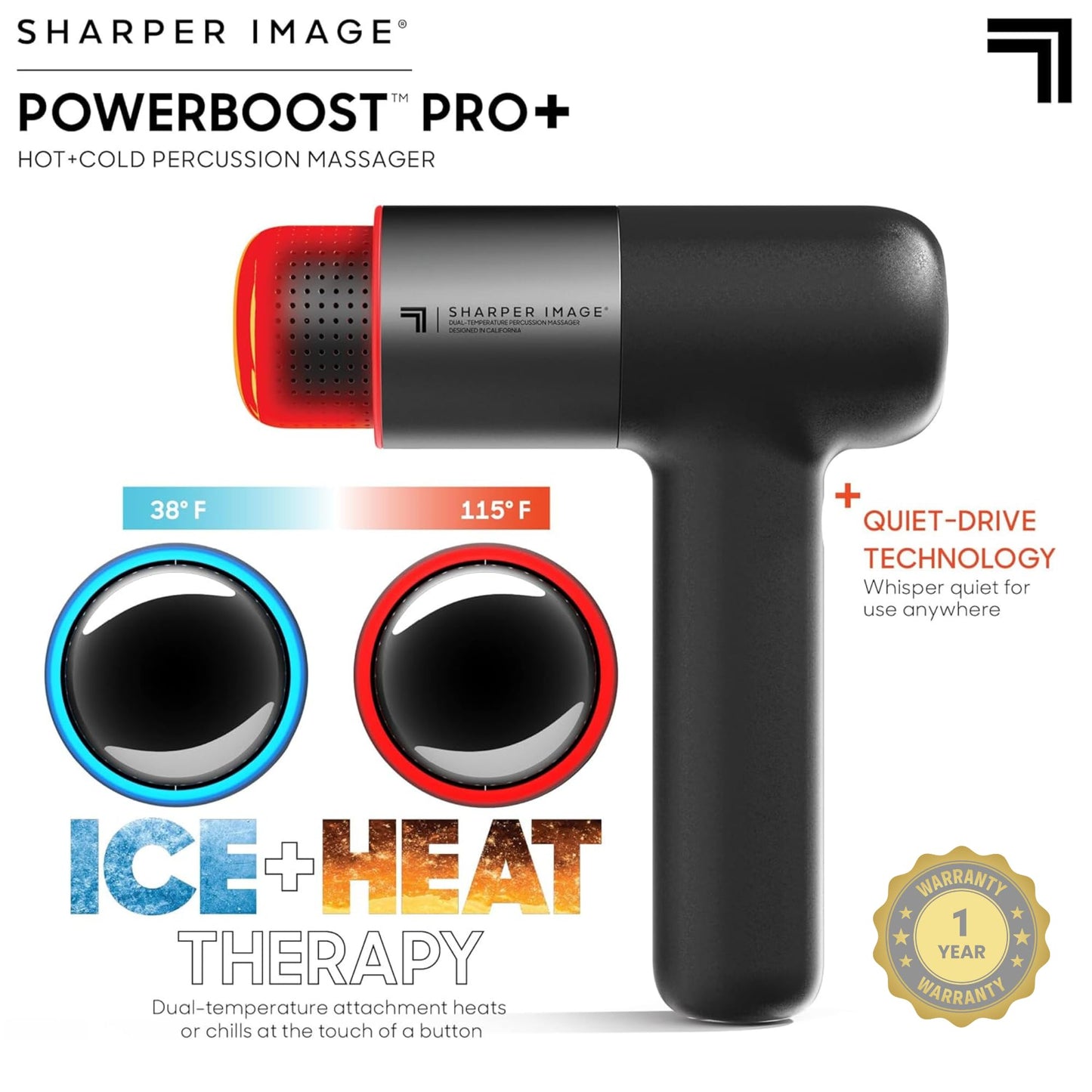 Sharper Image Deep Tissue Percussion Massage Gun, Powerboost Pro+ Hot & Cold Rechargeable Handheld Massager, 6 Adjustable Speeds, 6 Attachment Heads & Carrying Case, Muscle Pain Relief, Black