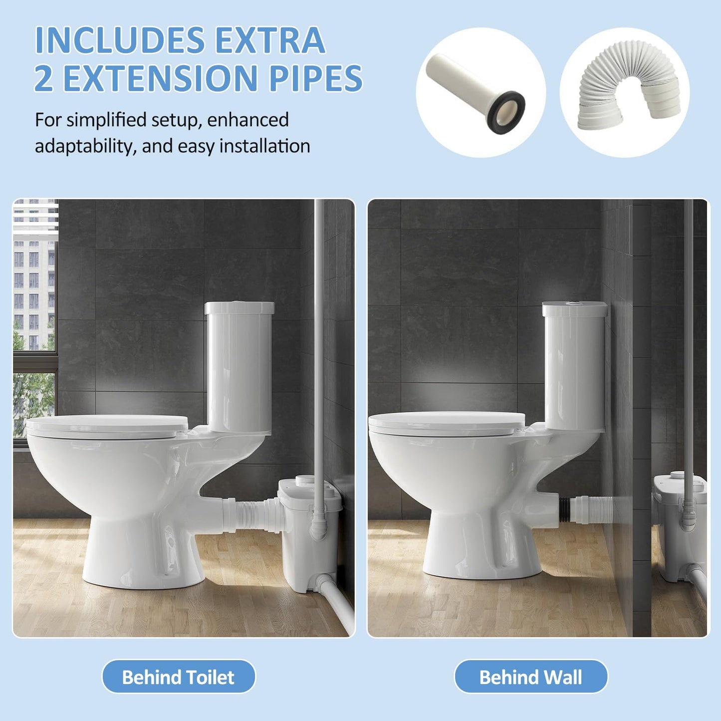 Simple Project Macerating Toilet System with 4-Inlet, Upflush Toilet for Basement, Powerful 1.6GPF Flush & Quiet 500W Macerator Pump System, Durable Pump, Extension Pipe - Easy Install, Space Saving