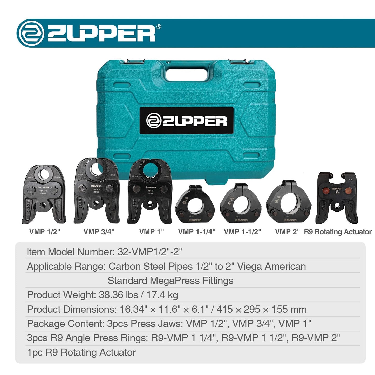 ZUPPER MegaPress Jaws, 1/2" to 2" Standard Pressing Jaws and Rings Kit for Carbon Steel Pipes, Compatible with Standard Press Tools (32 kN / 7,200 lbs) - with Carrying Case