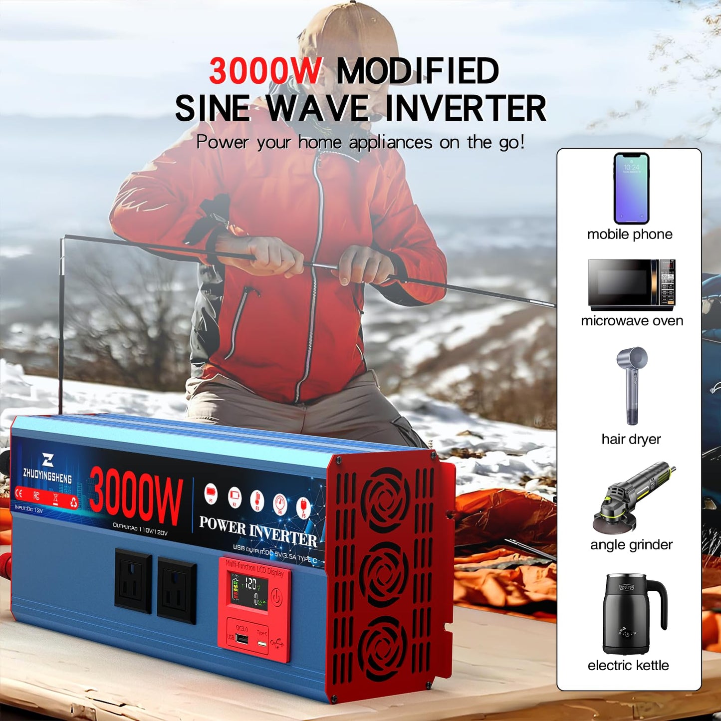 3000 Watt Inverter 12V DC to 120V AC Converter with LCD Display & Remote Control - 2 AC Outlets, USB 3.0 + Type-C Ports, Car Power Inverter Compatible with RV, Truck, Home, Off-Grid & Solar Systems
