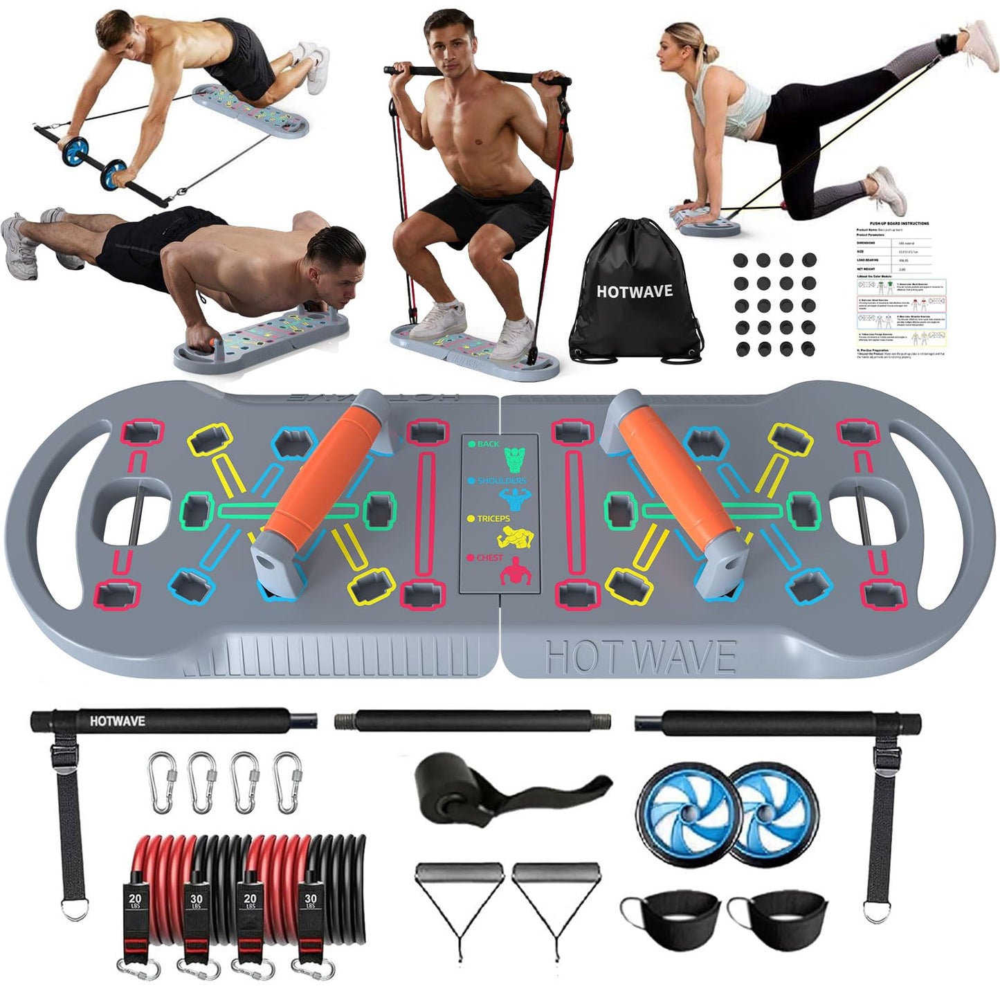 HOTWAVE Portable Exercise Equipment with 16 Gym Accessories,20 in 1 Push Up Board Fitness,Resistance Bands with Ab Roller Wheel,Full Body Workout at Home