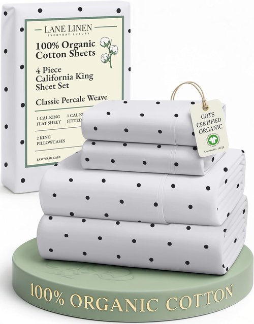 LANE LINEN 100% Organic Cotton California King Sheet Set - Naturally Cooling, Deep Pocket, Polka Dot Design