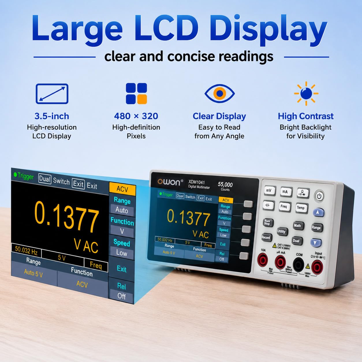 OWON XDM1041 Bench Desktop Digital Multimeter, 55000 Counts True RMS 1000V AC/DC 10A Multi Tester, 3.5-inch LCD, Temperature Test for Lab, Factory, Instrument Maintenance
