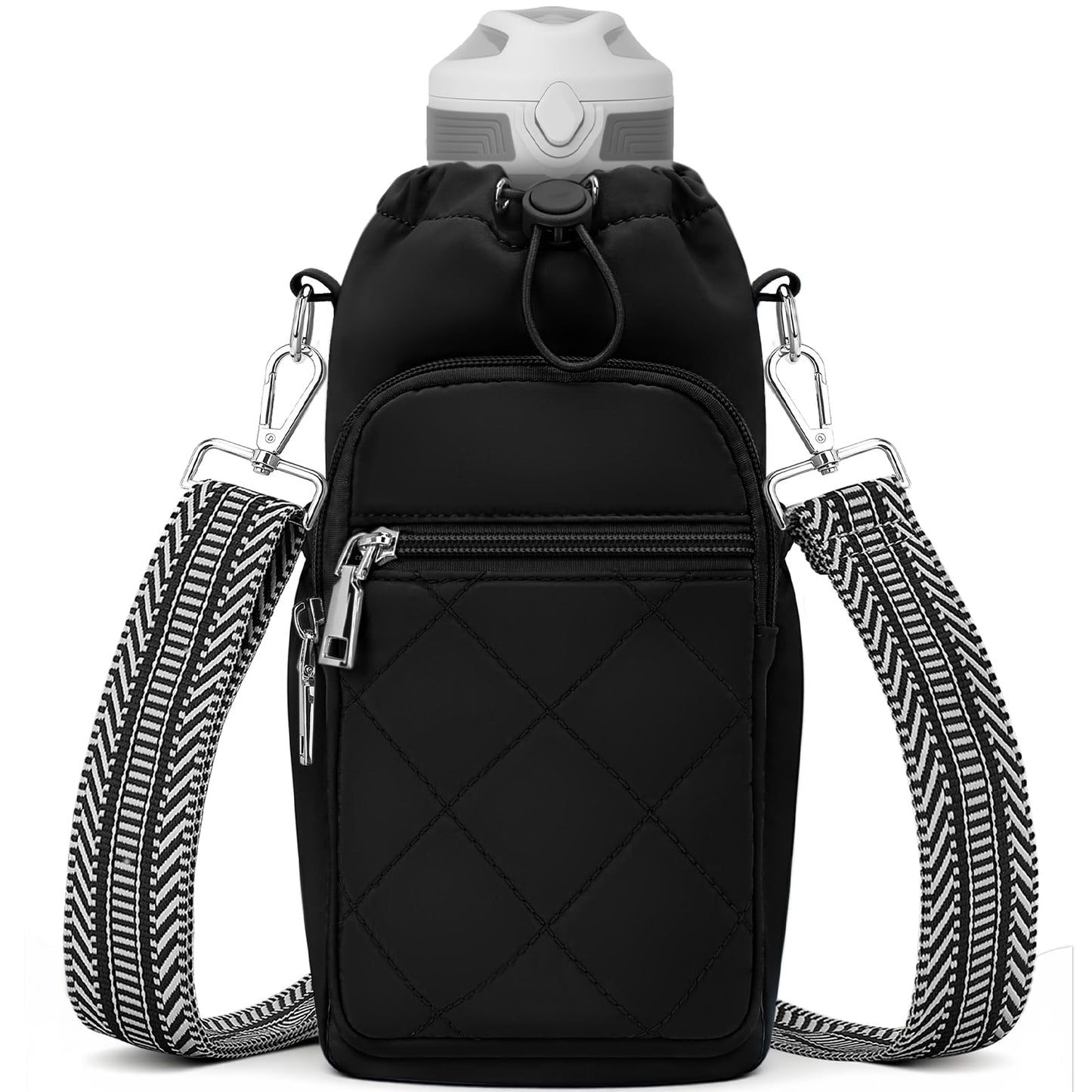 SYTRAH Water Bottle Carrier Bag with Strap, Water Bottle Purse with Phone Pocket 40oz, Insulated Crossbody Bags for Walking Hiking Black