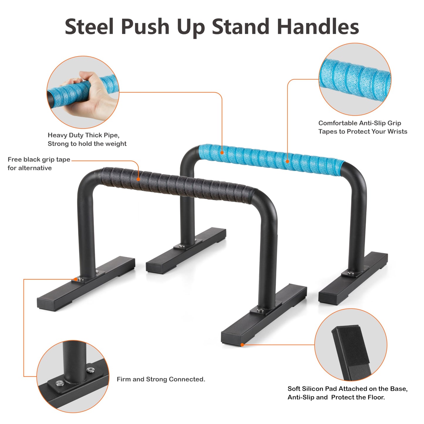 Purife Steel Black Anti-Slip Parallettes Push Up Bars Floor for Men, Strength Training Equipment Gymnastics Calisthenics Bars, Push-up Handles for Home Fitness, Workouts