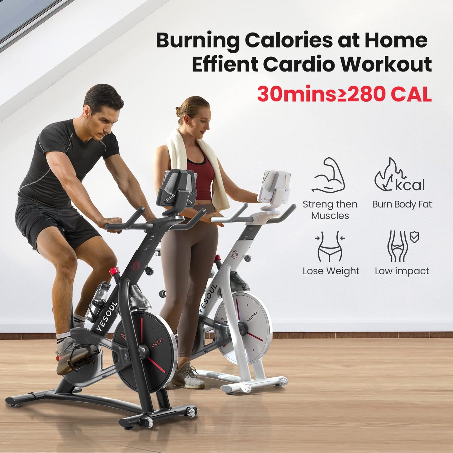 Yesoul S3 White Exercise Bike For Home Smart Black Cycling Bike Magnetic Resistance For Gym Electric Stationary Bike Bluetooth Heart Rate For Women Apartment Workout Bike For Fitness