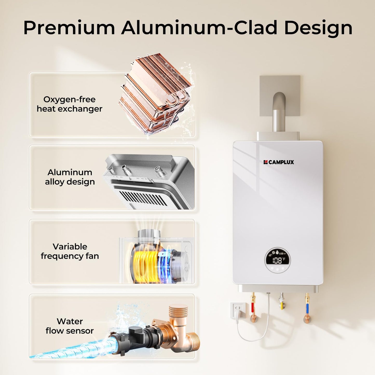 CAMPLUX Tankless Water Heater Natural Gas, 3.18 GPM Up to 3.8 GPM 82,000 BTU On demand Residential Tankless Hot Water Heater Gas Indoor for Mobile Home, Constant Temperature System, White