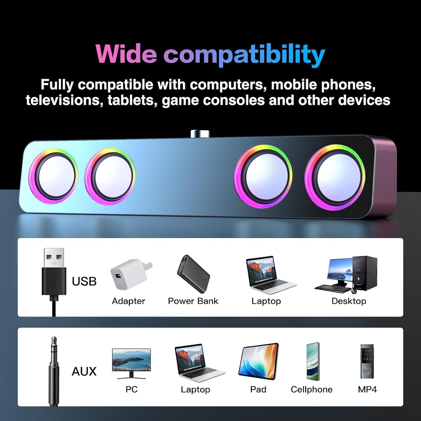Elimavi 2.0-Channel 3.5mm Computer Speakers for Desktop PC, Speakers with Static LED Lighting and Volume Control
