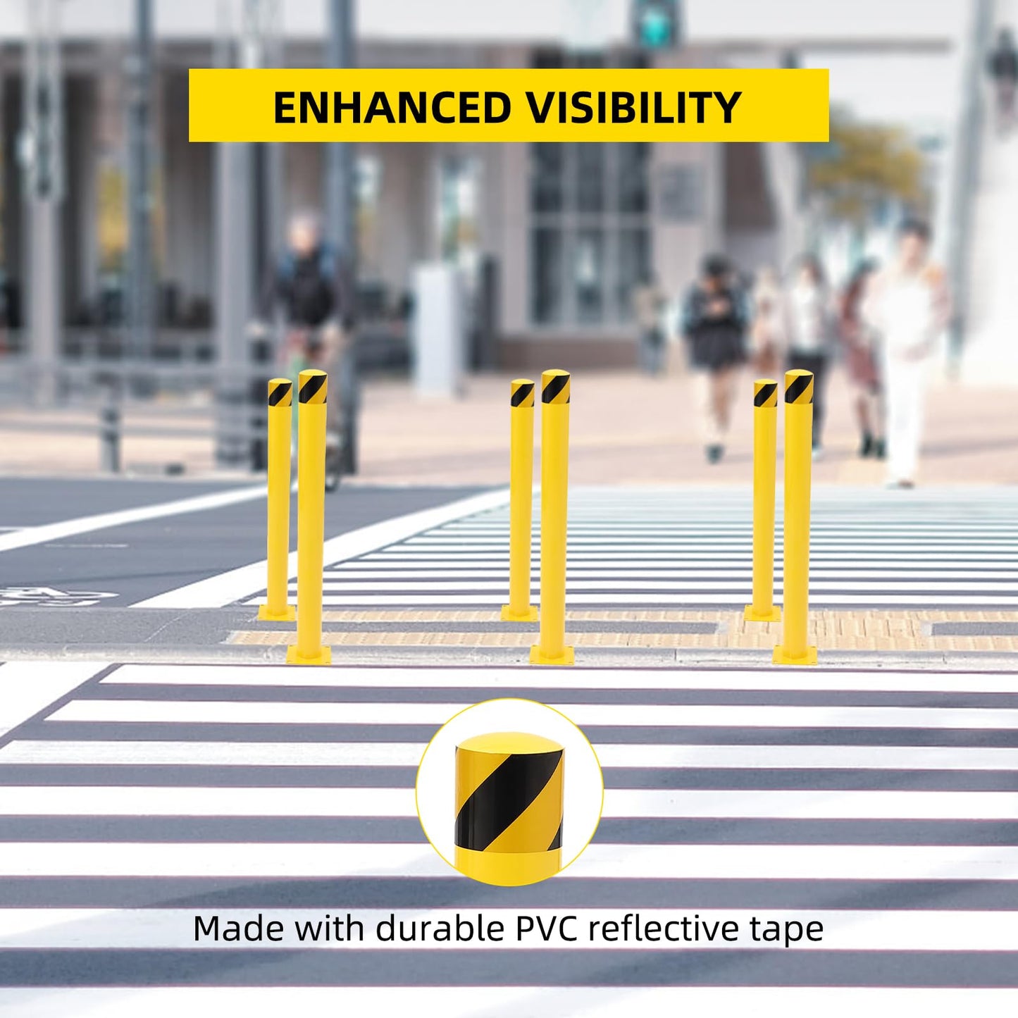 PeakPursuit 42 Inch Height Safety Bollard Post, 2 Pack 4.5 Inches Diameter Steel Pipe Safety Bollard, Yellow Parking Bollard with 24 Anchor Bolts, Steel Bollard Post for Traffic-Sensitive Area
