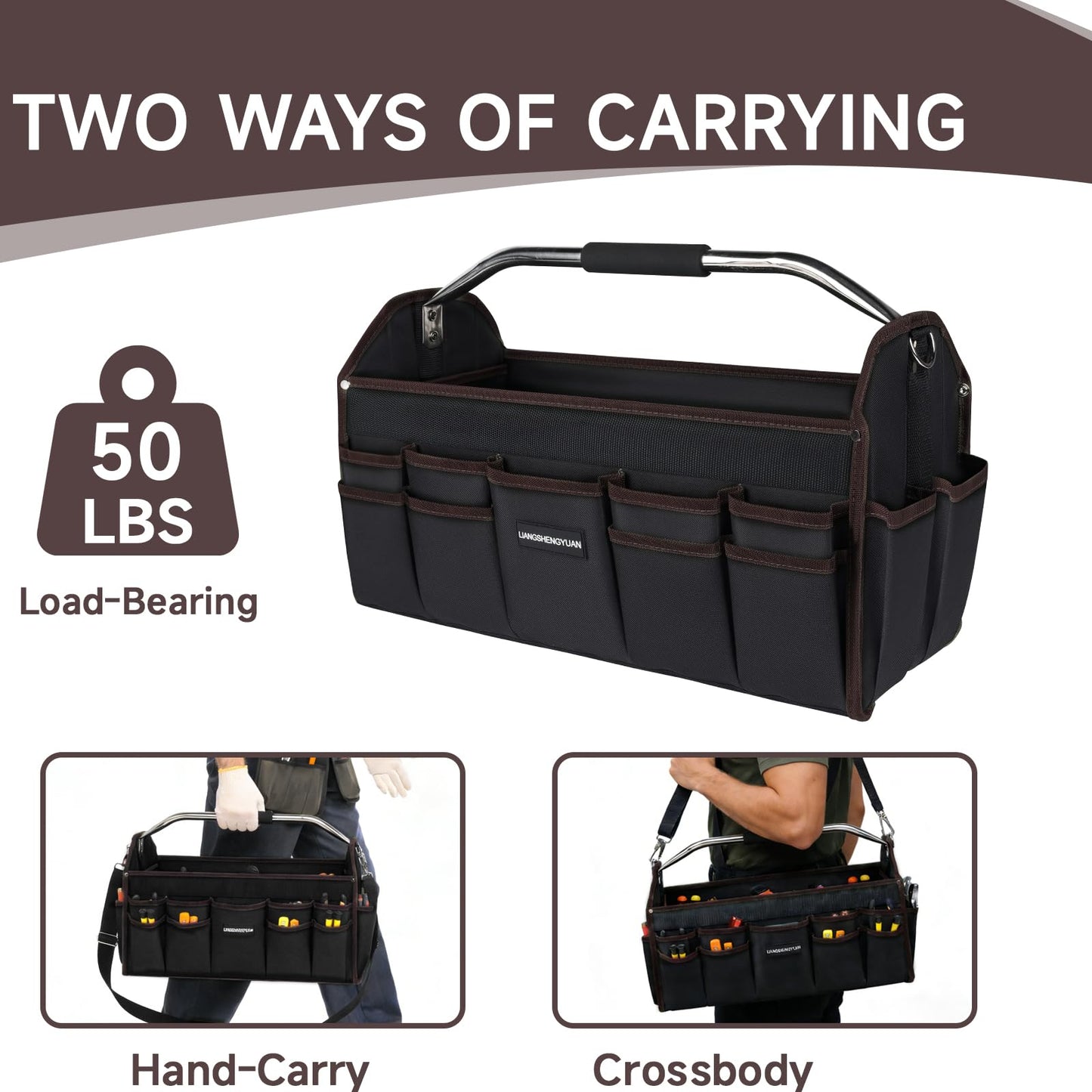 20 In Tool Carrier, Open Top Tool Tote 30 Pockets, Waterproof Tool Bag For Men, Foldable Wide Mouth Electricians Tool Bag, With Stainless Steel Handle and Removable Shoulder Strap
