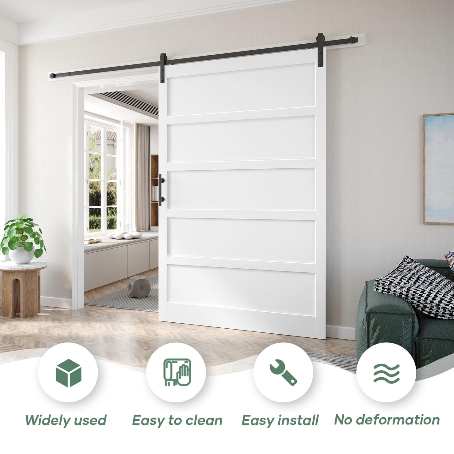 Fredbeck 60inx80in Barn Door White with 10FT Sliding Door Hardware Kit Included & Handle,MDF,Solid PVC Surface,DIY Assembly,5-Panel