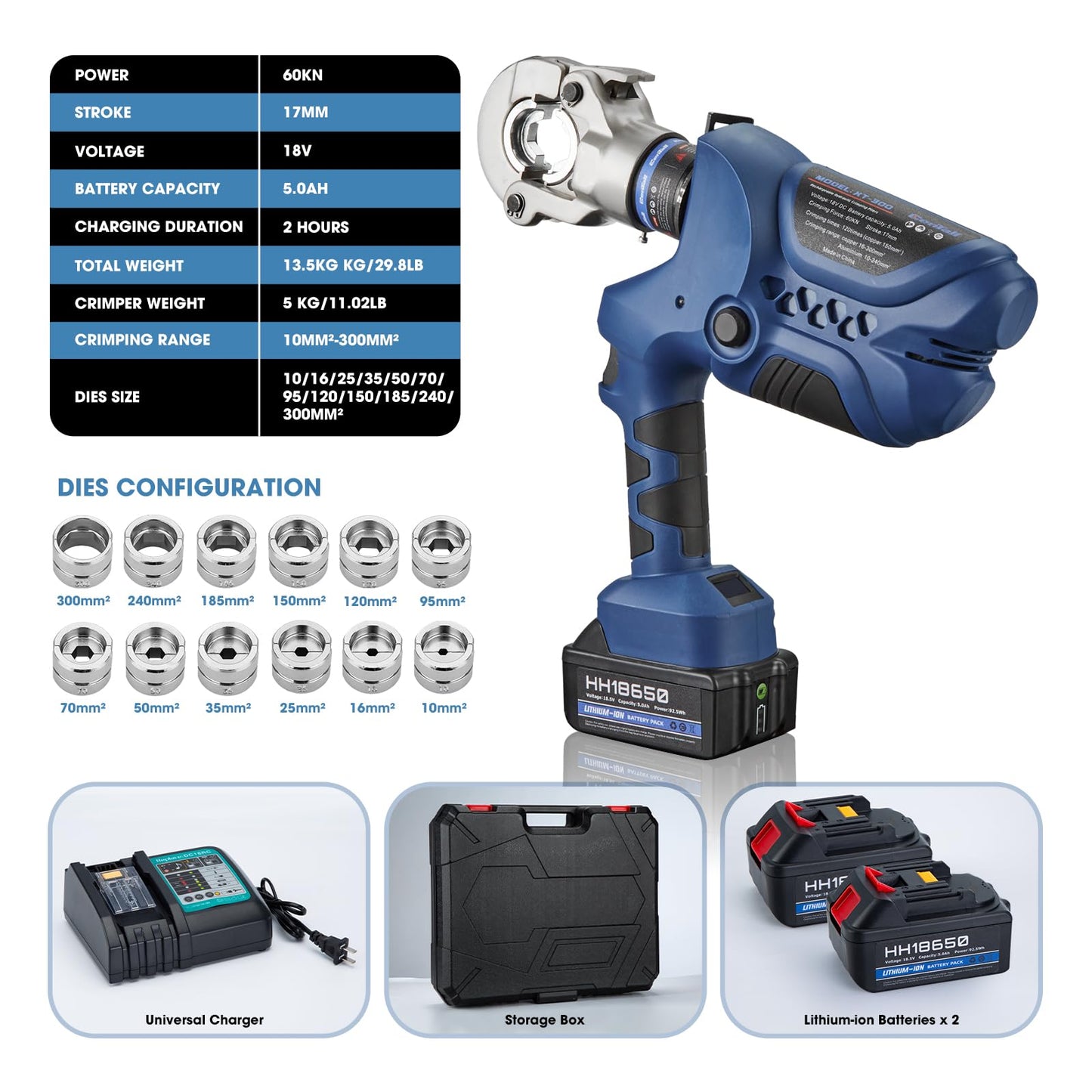 CENTALL Electric Hydraulic Crimping Tool, 8AWG-600MCM Rechargeable Hydraulic Crimper for Cu/Al Terminal, Continuously Crimp Wire Cable Lug Crimping Tool Kit with 12 Dies 2Pcs Lithium Battery XT-300
