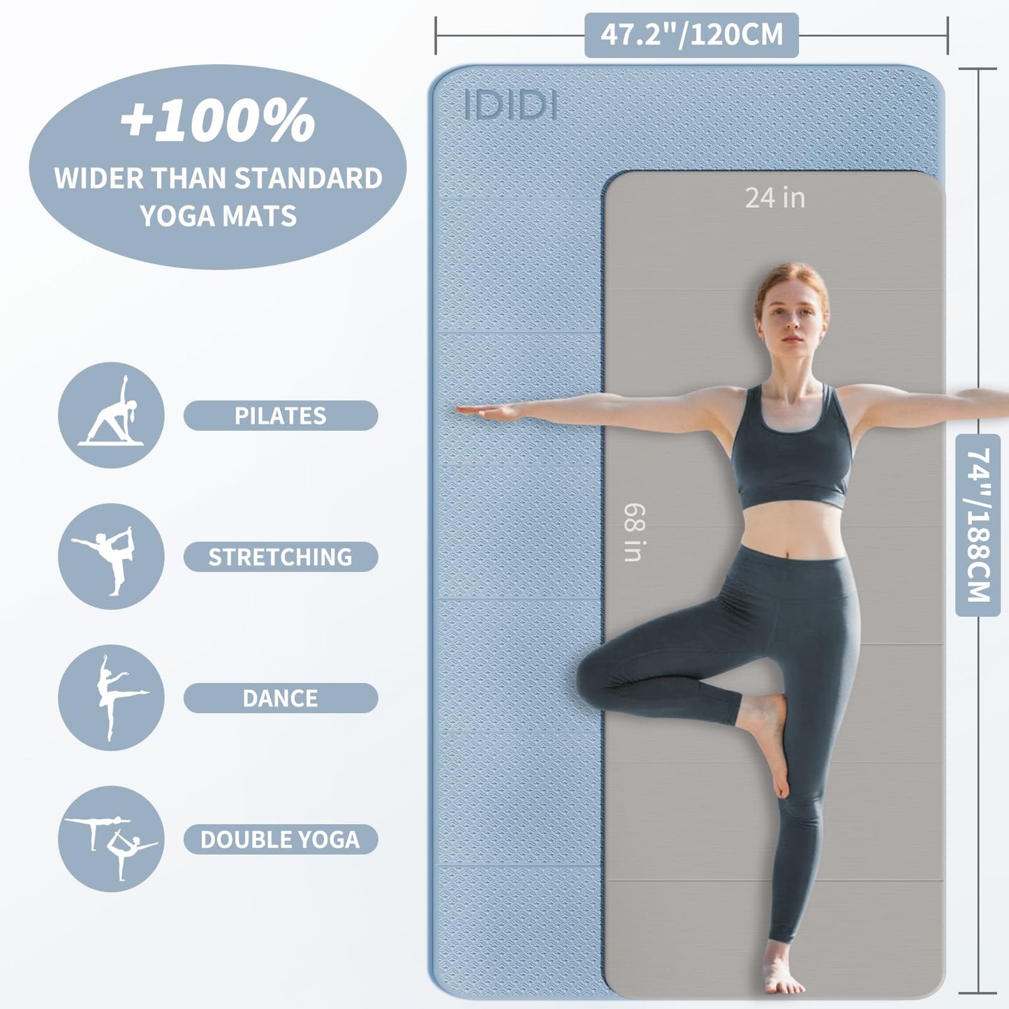 Foldable Yoga Mat Extra Thick & Large (74.0" x 47.2" x 0.4"), Double-Sided Non-Slip Lightweight Fitness & Pilates Mat, 10mm Thick Wide Exercise Mat for Men Women Kids, Portable Workout Mat for Gym, Studio, Travel, Home & Parent-Child Use (Blue Gray)