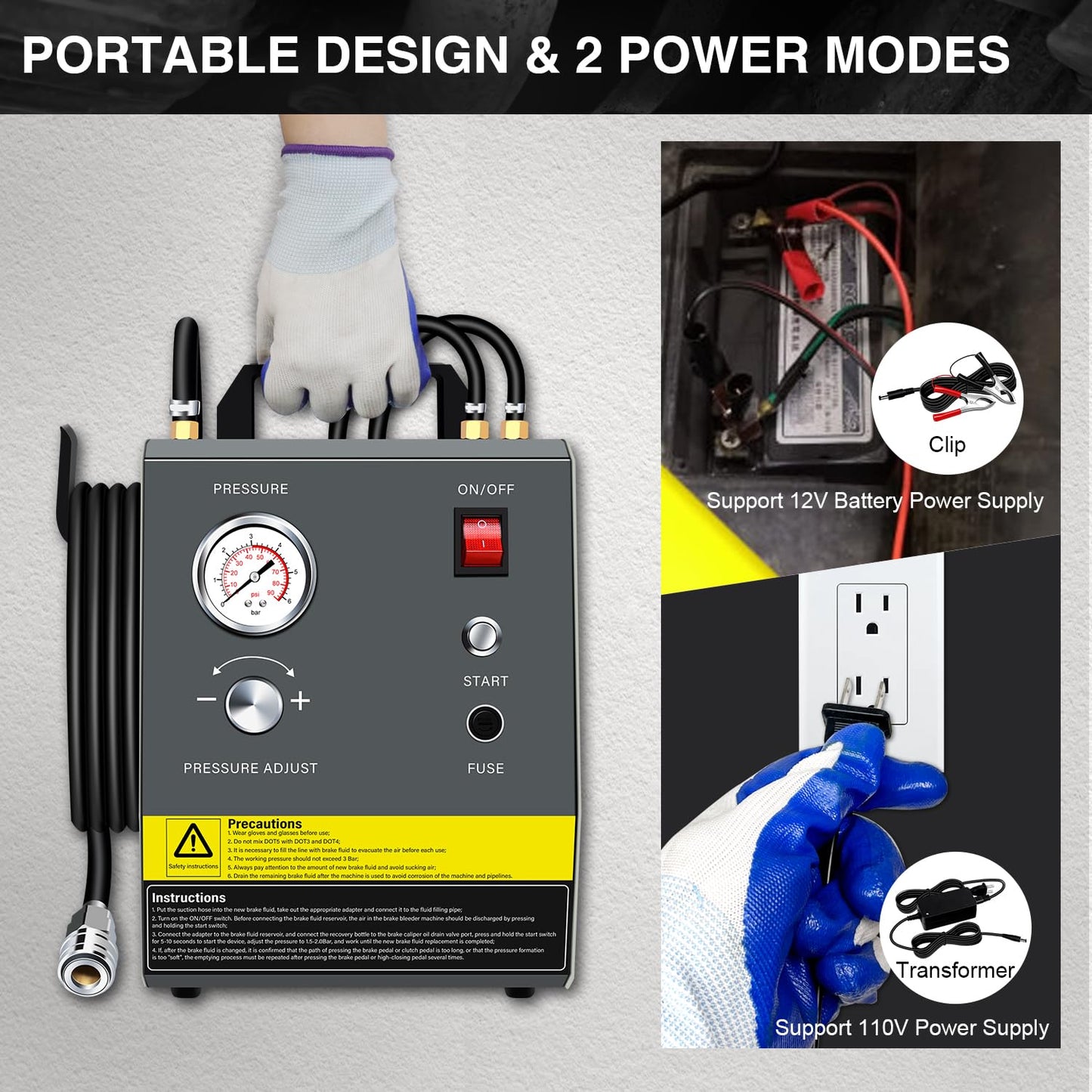 YSTOOL Electric Pulse Brake Bleeder Machine Kit with 110V AC and 12V DC Dual Purpose Clutch Bleeding Unit Master Cylinder Adapter Kit Waste Oil Bottles