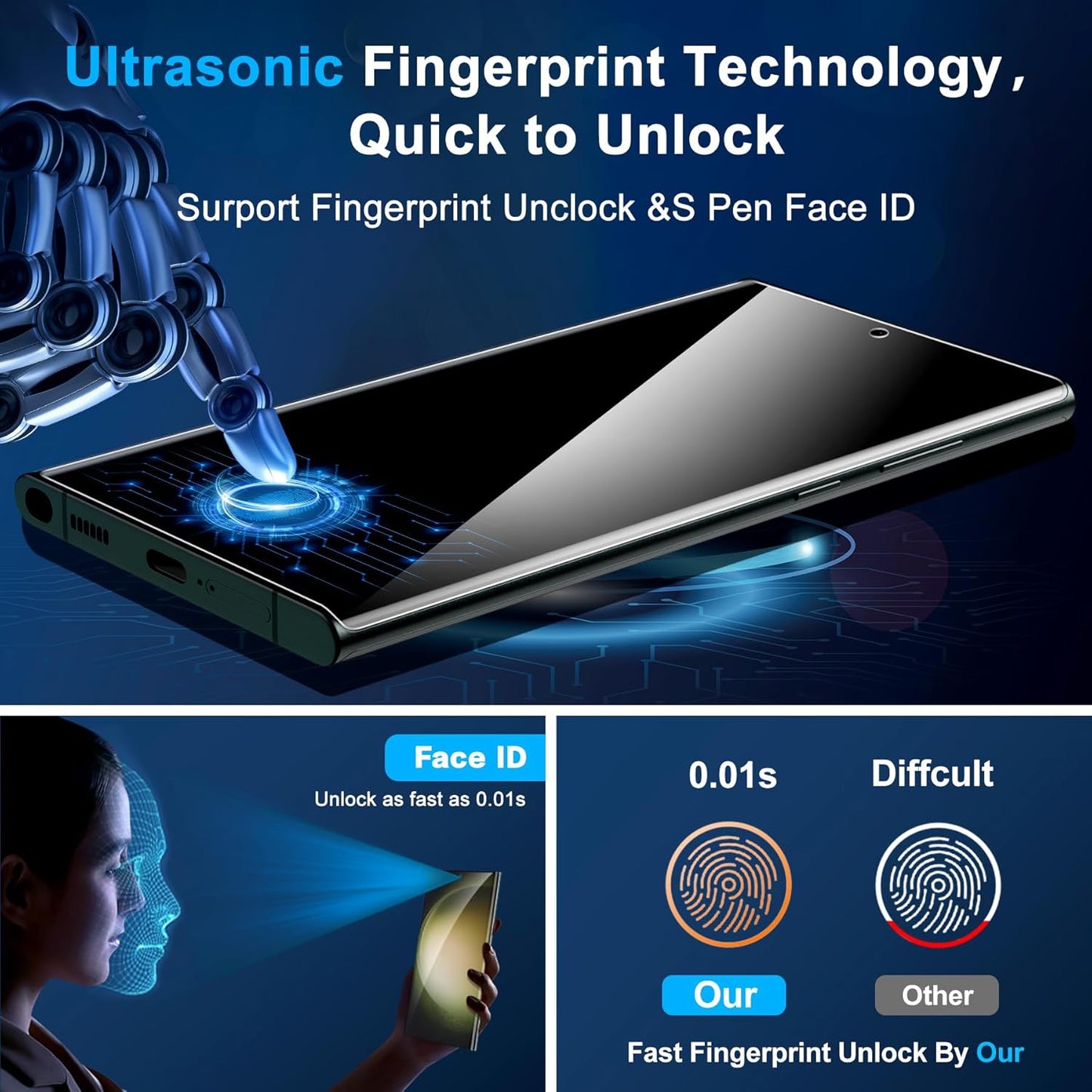 Arshek [2+2 Pack] S23 9H 3D S23 5G Galaxy Ultra Privacy Screen Protector, Tempered Glass, Ultrasonic Fingerprint
