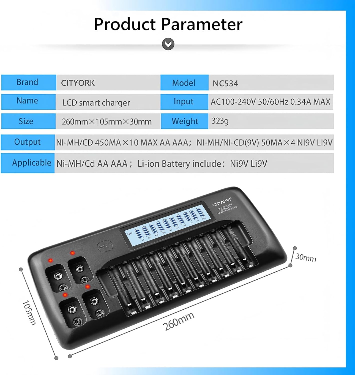 CITYORK 10+4 10 1.2V 4 9V Bay AA AAA Battery Charger with LCD Display, Bay for AA AAA NiMH NiCd Batteries, Bay