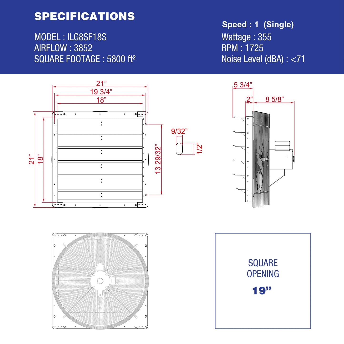 iLiving - 18" Wall Mounted Shutter Exhaust Fan - Automatic Shutter - Single Speed - Vent Fan For Home Attic, Shed, or Garage Ventilation, 3852 CFM, 5800 SQF Coverage Area, Silver (ILG8SF18S)