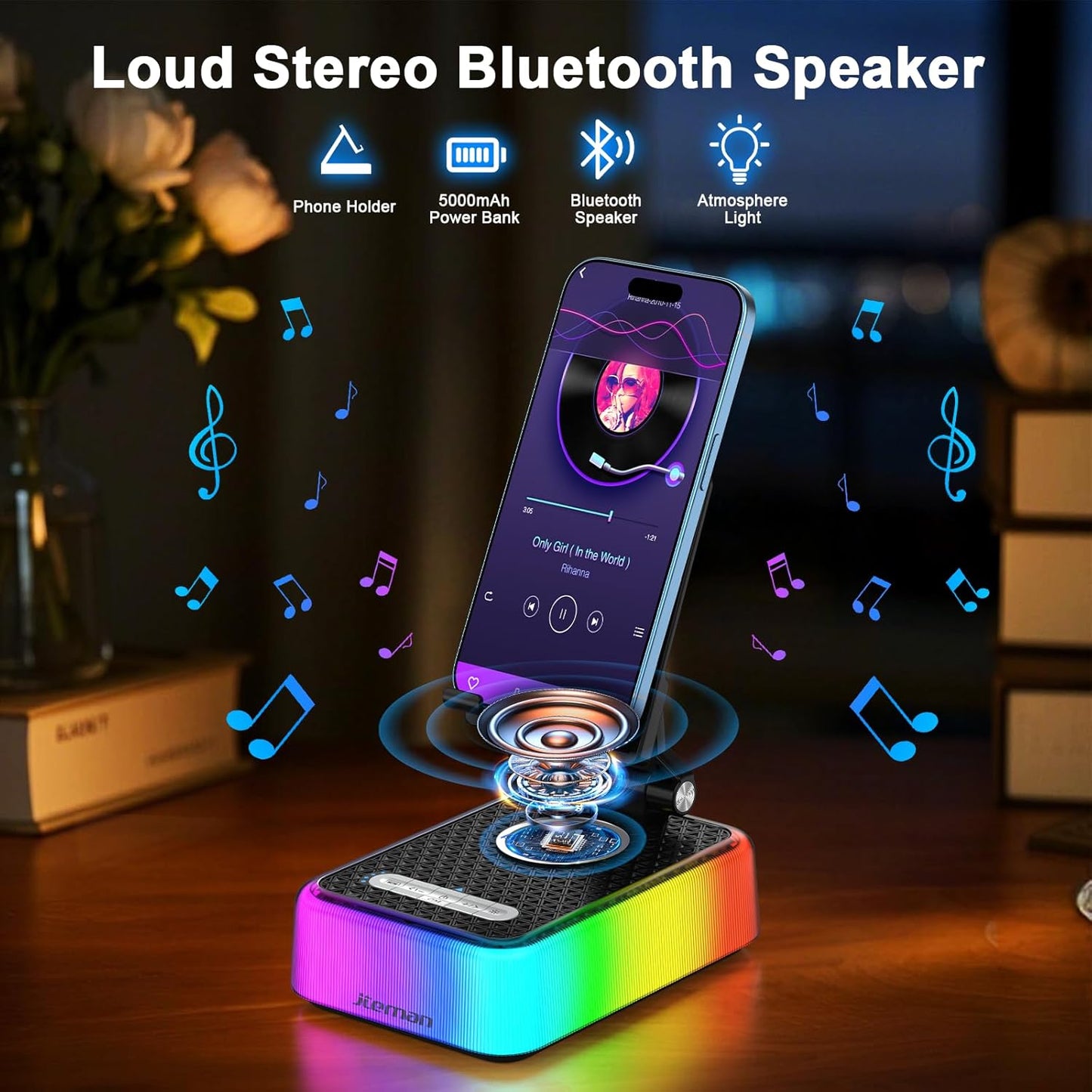 JTEMAN Gifts for Men Women, Phone Stand Bluetooth Speaker with Charging Function and RGB Light, Unique Birthday Gift